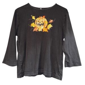 White Stag Embroidered Pumpkin Jack o Lantern Top Large Halloween Fall Leaves